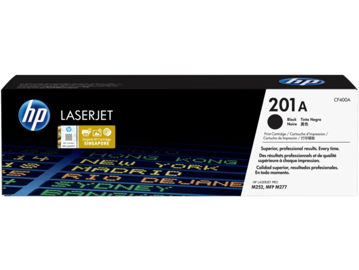 HP CF400A Black original toner product packaging