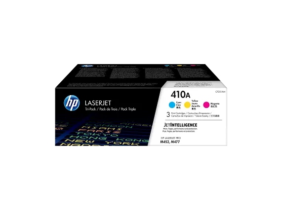 HP CF411A CF412A CF413A 410A colour toner three-pack packaging